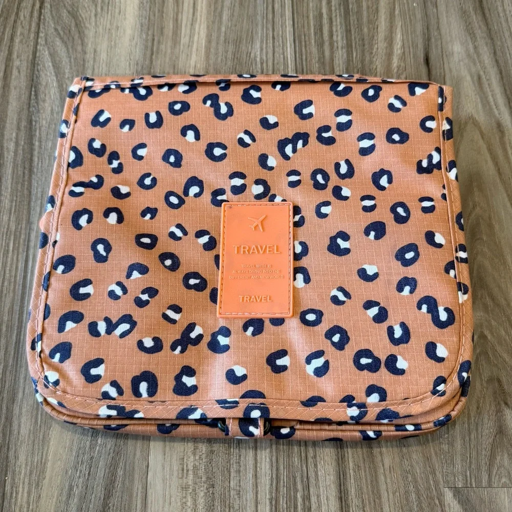 Leopard Print Travel Organizer Pouch - Rust/Cream/Black